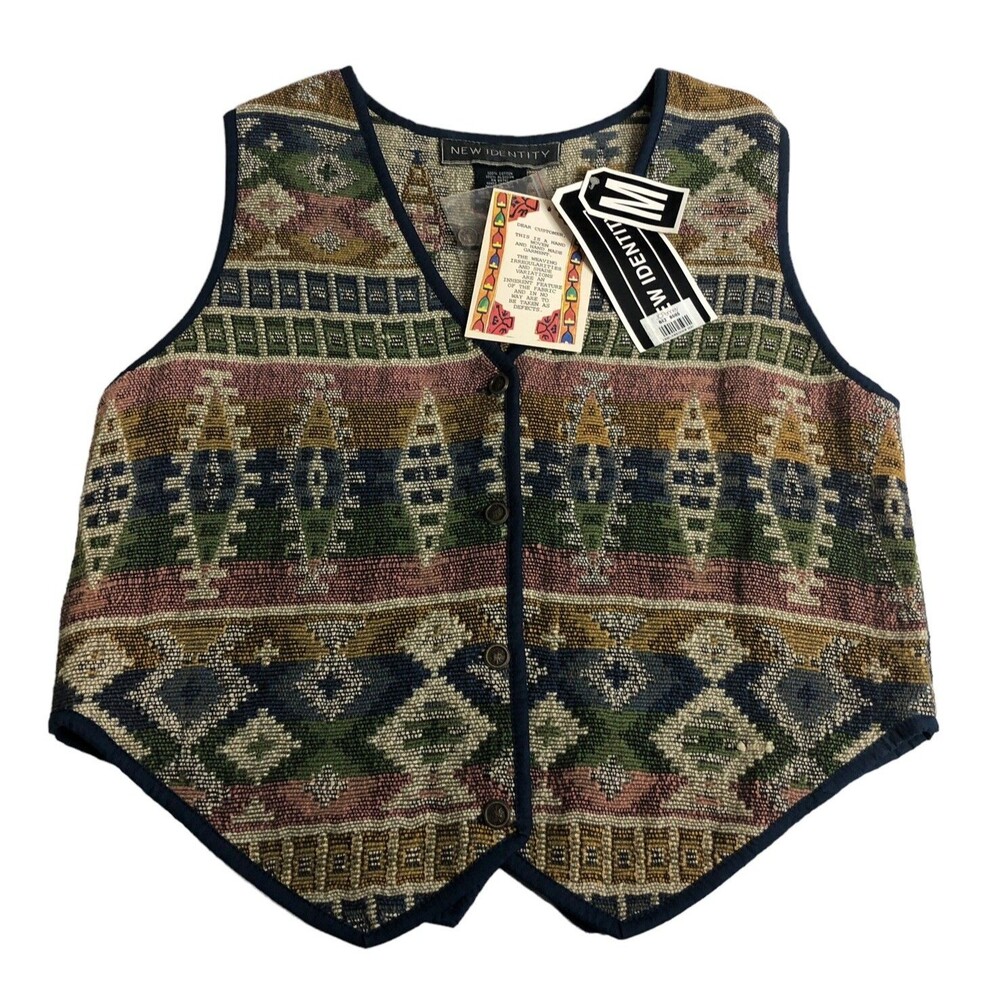 Vintage New Identity Hand Woven Tapestry Vest Women M Aztec Southwestern Western